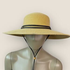 Sloggers Womens Medium Wide Brim Braided Straw Sun Hat Wind Lanyard 22.5" Brown